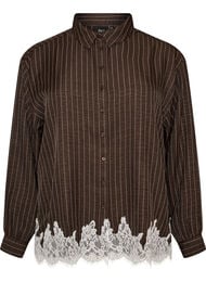 N&aring;lestribet skjorte med blondekant, Brun