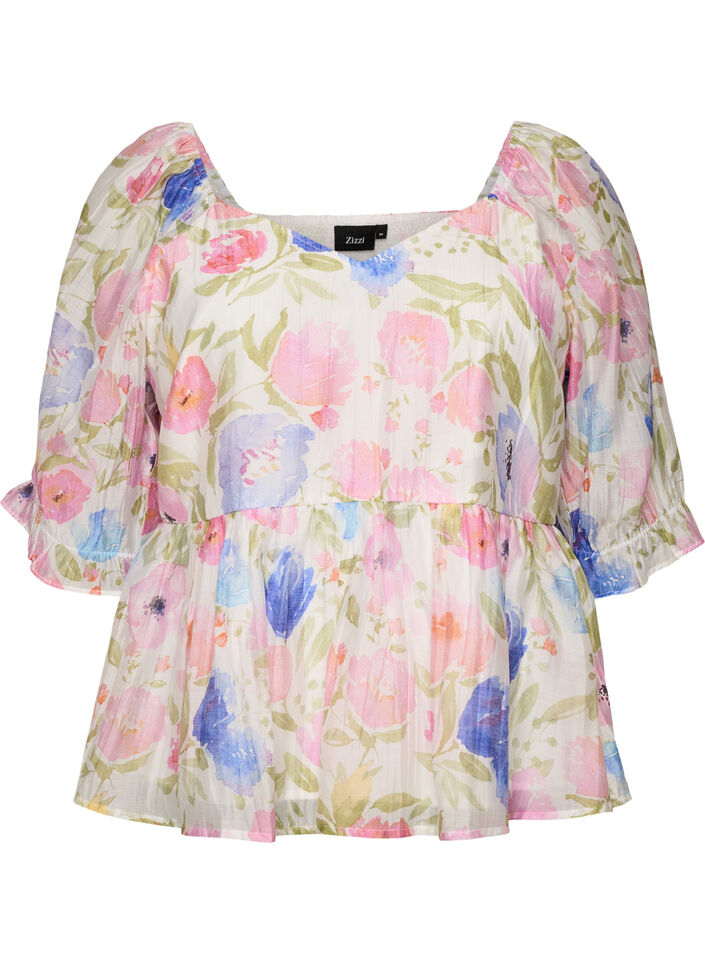 Bluse i lyocell med blomsterprint og hjerteudsk&aelig;ring, Hvid, Packshot image number 0