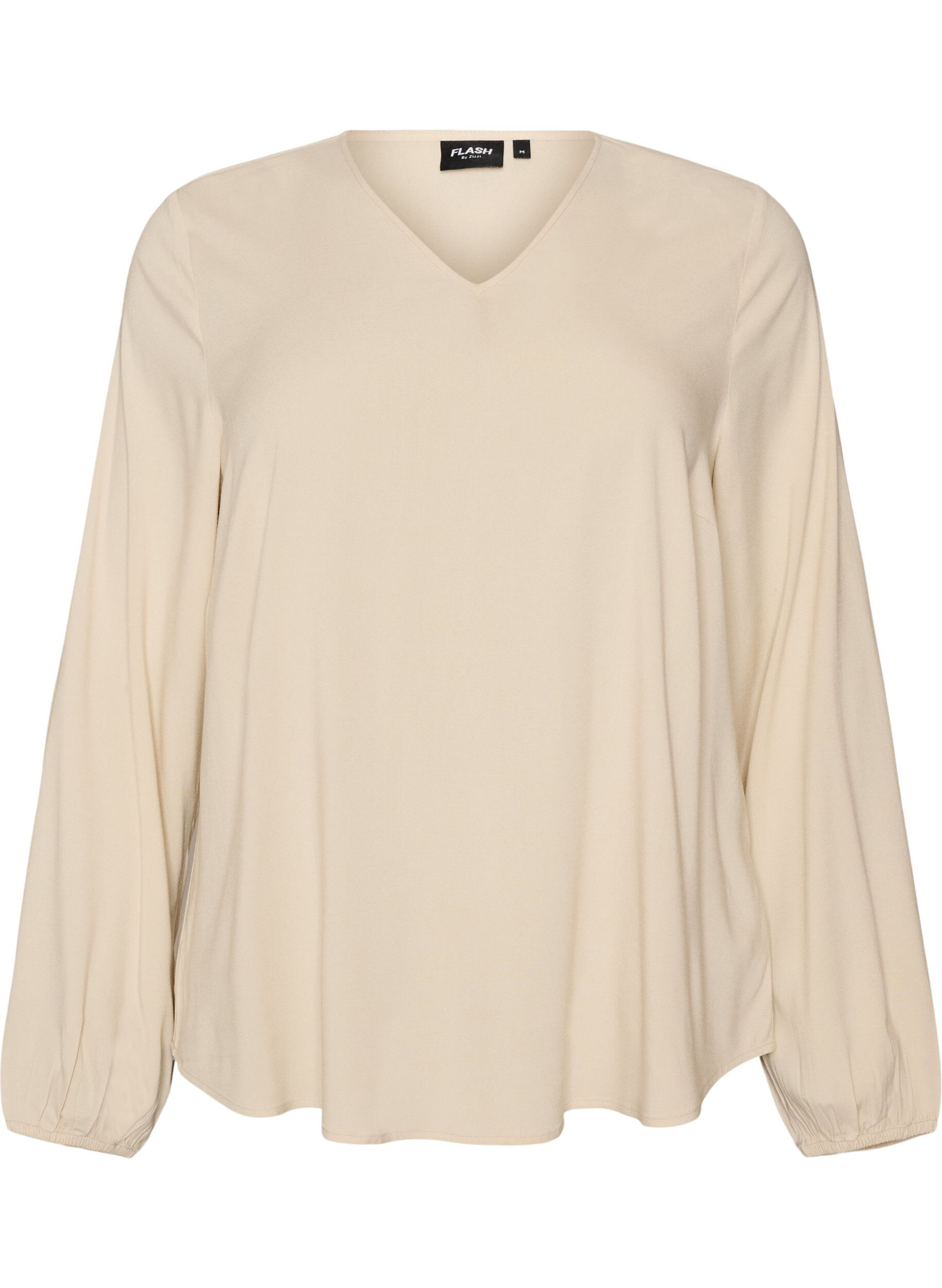 ZizziViskosebluse med V-hals og lange &aelig;rmer, Beige, Packshot image number 0