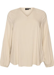 Viskosebluse med V-hals og lange &aelig;rmer, Beige