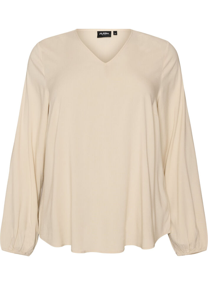 Viskosebluse med V-hals og lange &aelig;rmer, Beige, Packshot image number 0