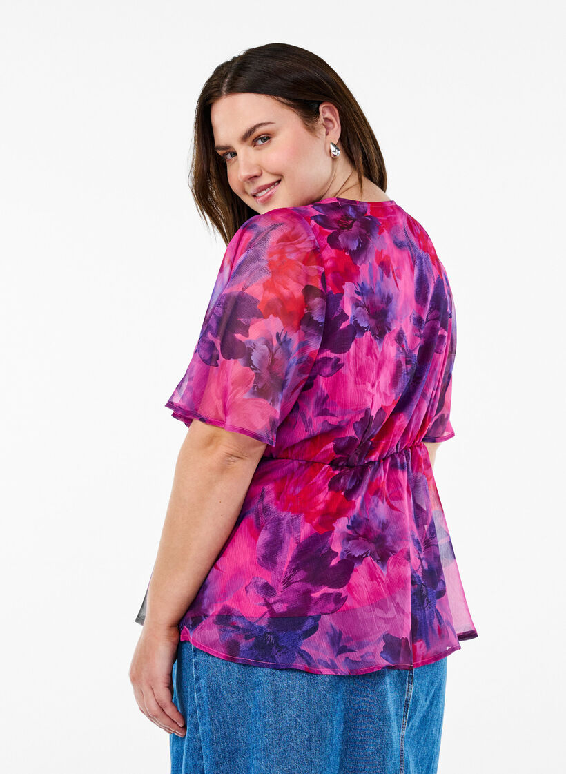 Blomstret chiffonbluse med korte &aelig;rmer, R&oslash;d, Model image number 2