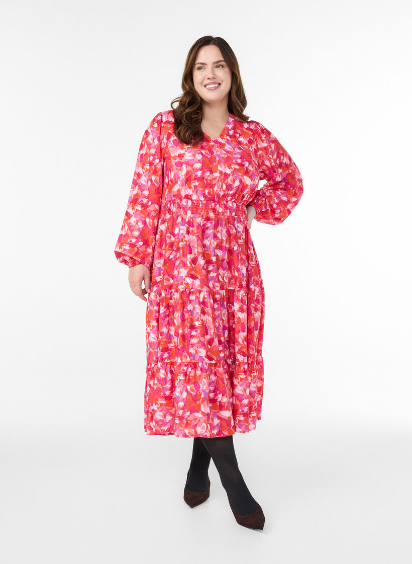 Midikjole med farverigt bladmønster, Lyserød, Model image number 0