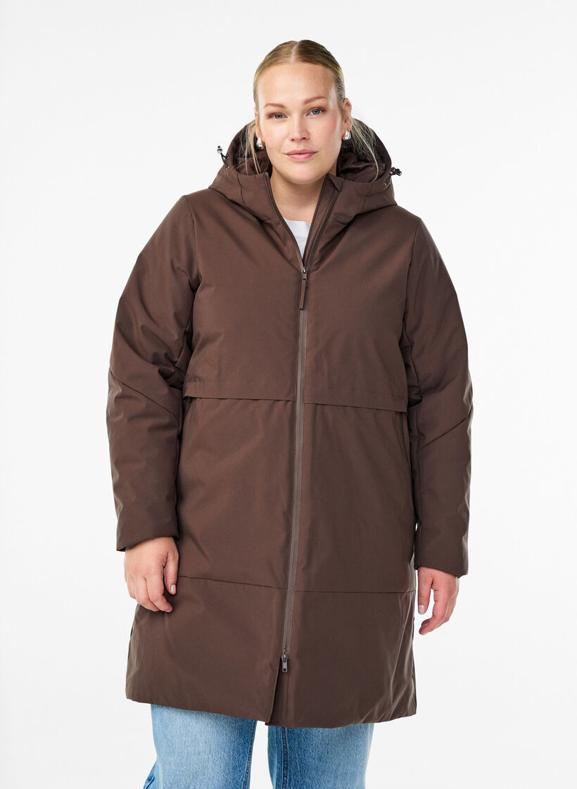 Vinterjakke med justerbar talje, Brun, Model image number 0