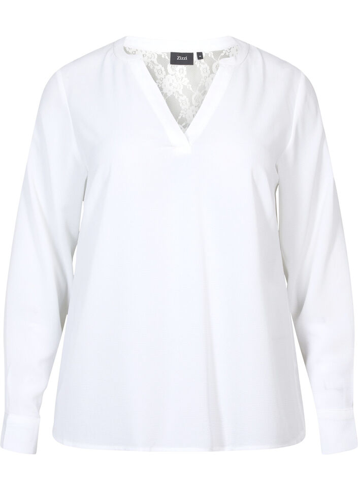 Langærmet bluse med blondedetalje , Bright White, Packshot image number 0