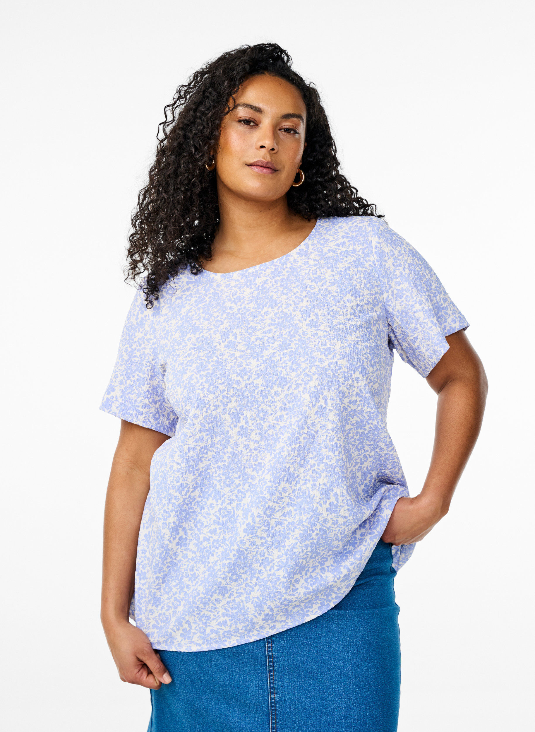 ZizziKort&aelig;rmet bluse med tekstur, Bl&aring;, Model image number 0