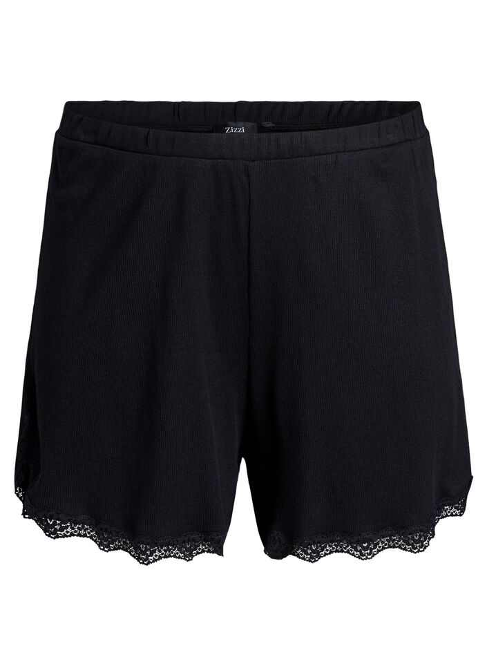 L&oslash;se natshorts med ribstruktur og blondekant, Sort, Packshot image number 0