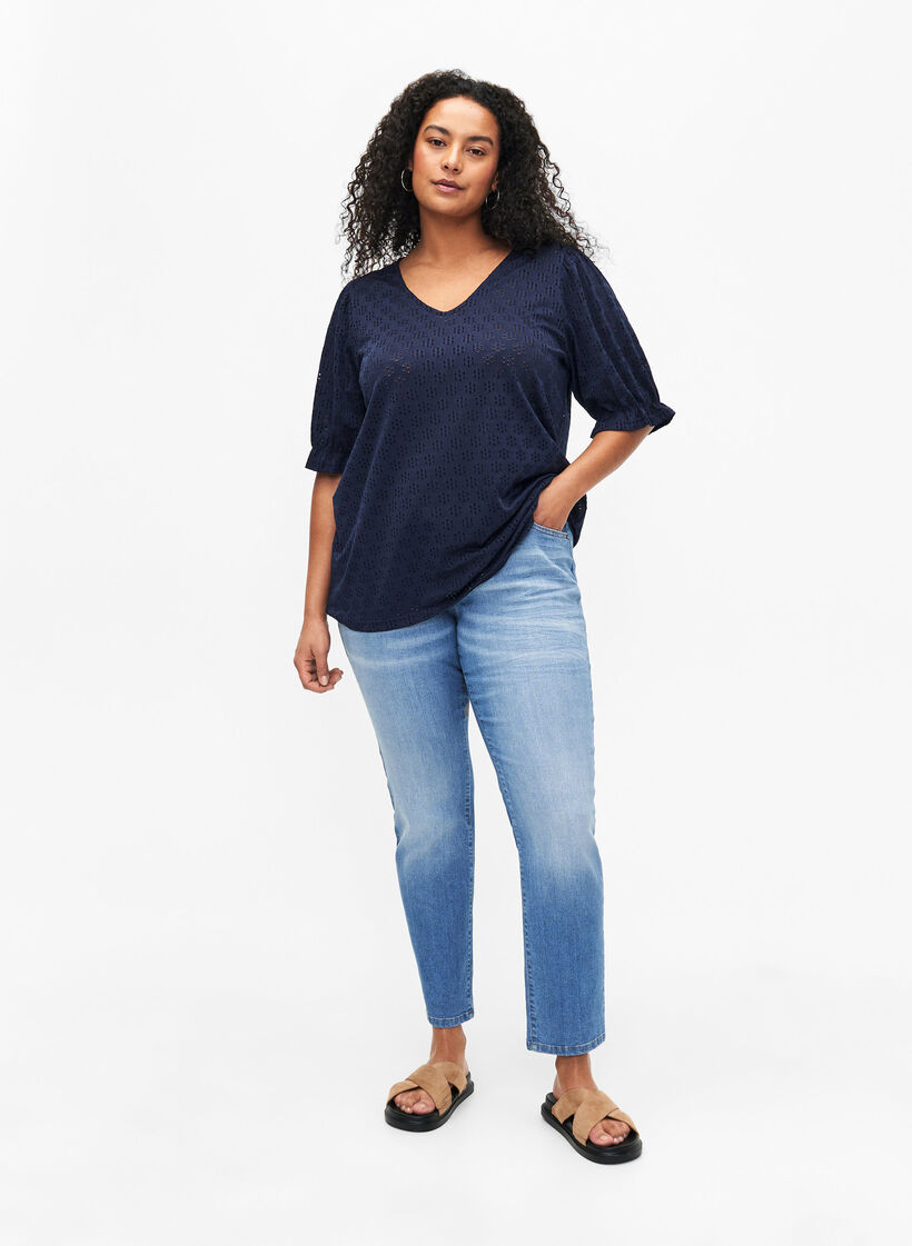 V-hals bluse med hulmønster, Navy Blazer, Model image number 2