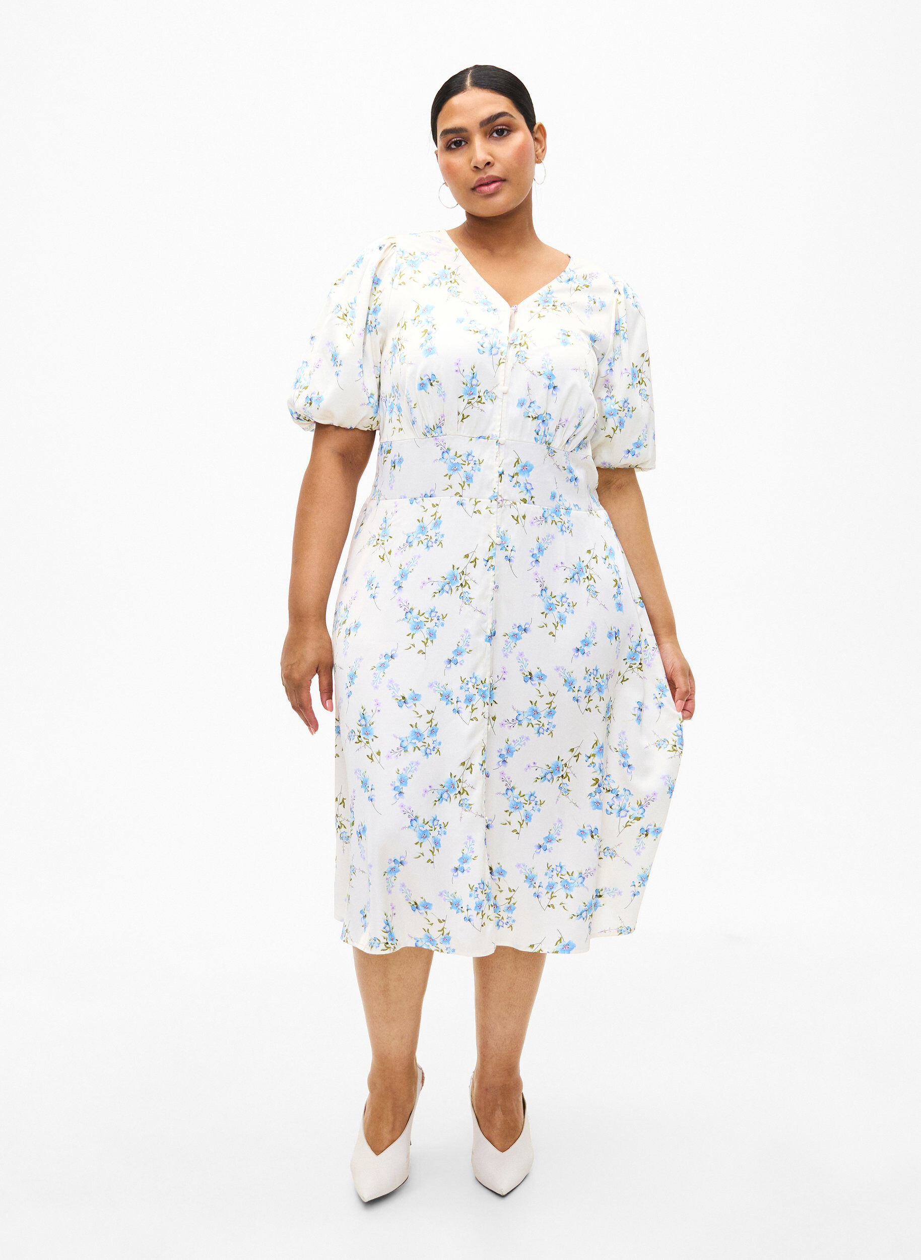 Zizzi Blomstret satinkjole med puf&aelig;rmer, Off White Blue Fl., Model image number 3