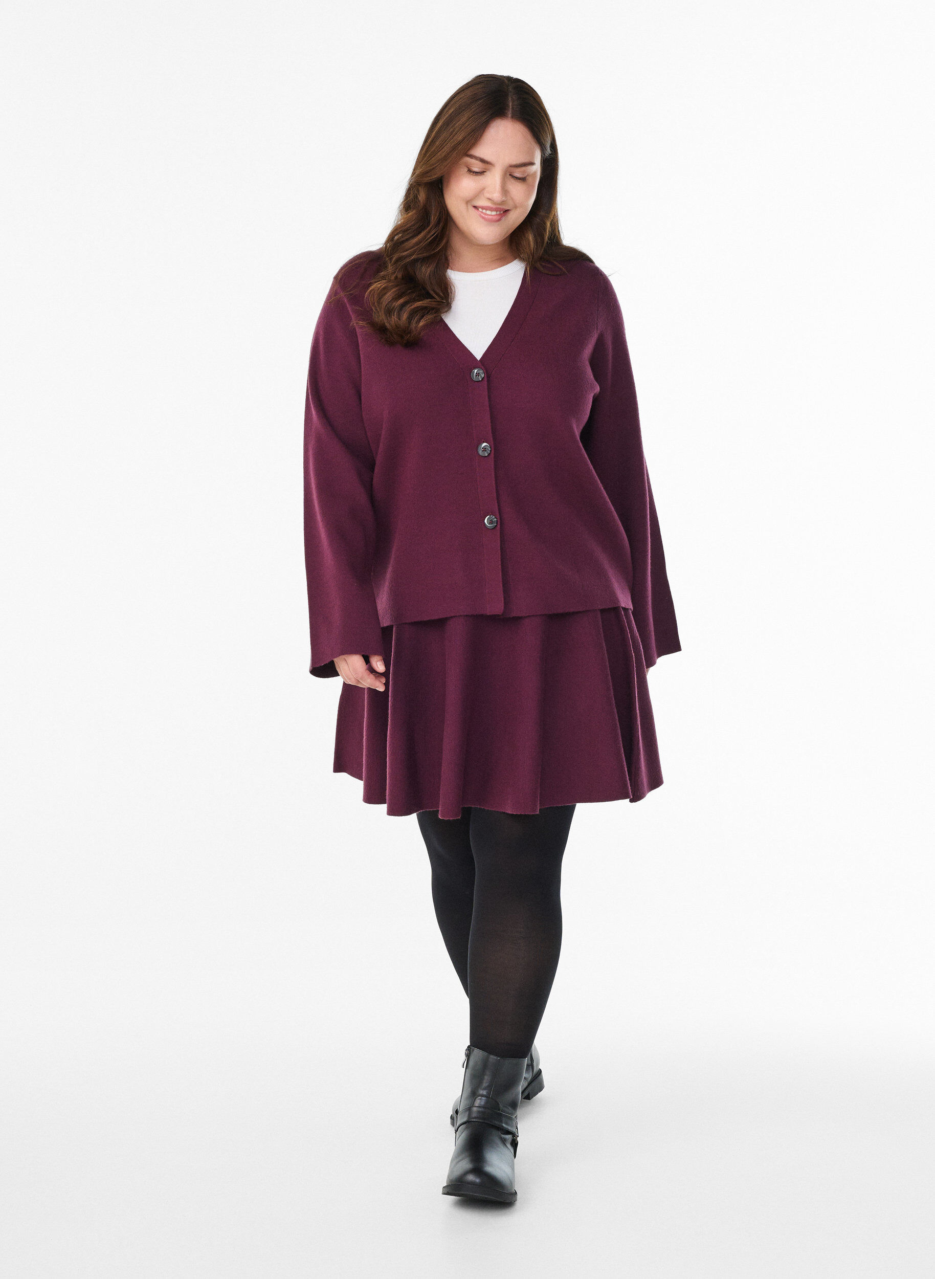 Zizzi Cardigan med v-udsk&aelig;ring og brede &aelig;rmer, M&oslash;rk Bordeaux, Model image number 1