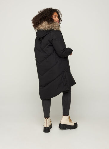 Vinterjakke med hætte og imiteret pelskant, Black, Model image number 1