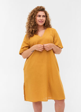 Kortærmet kjole i bomuldsmix med hør, Honey Mustard, Model image number 0