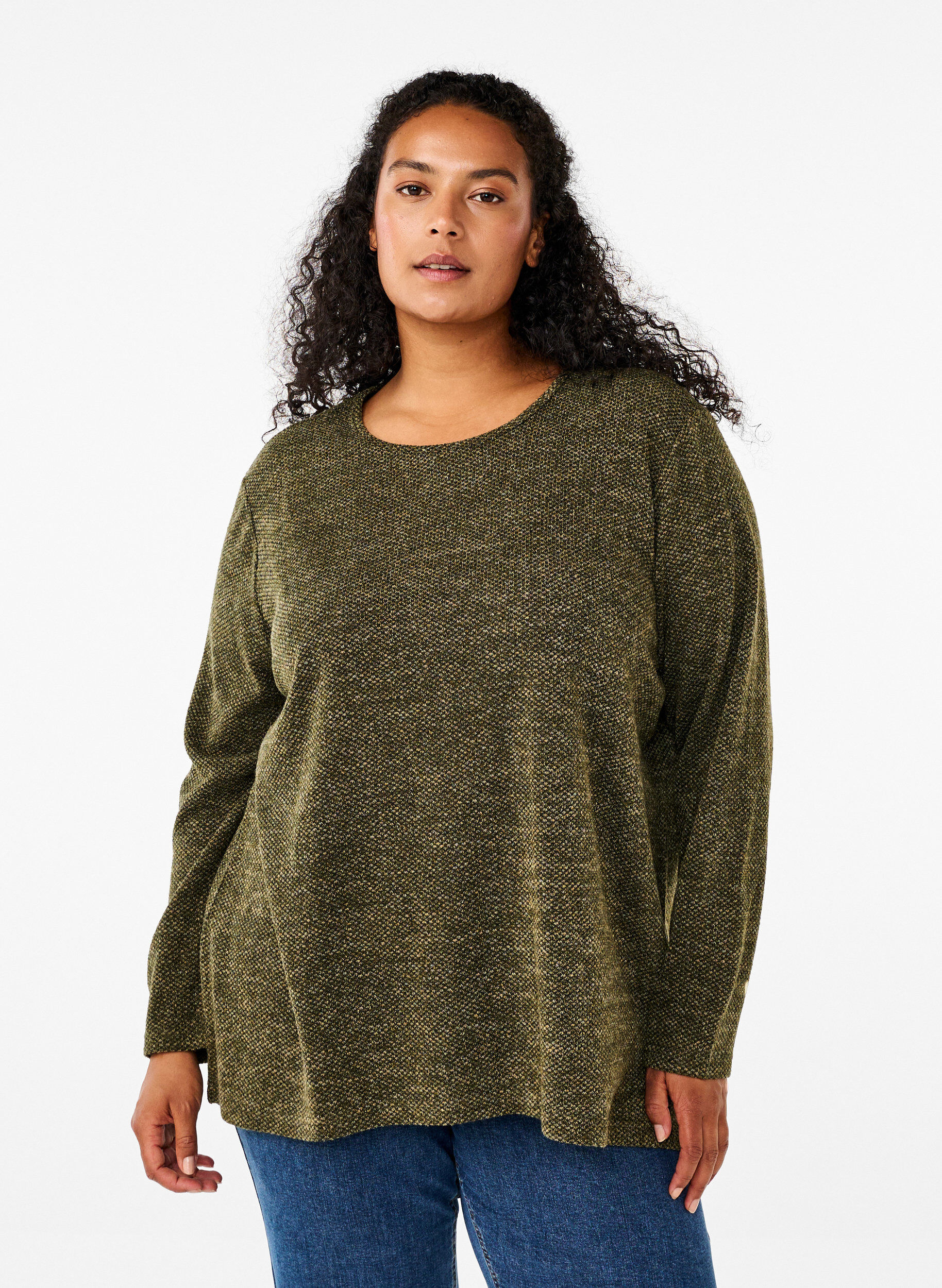 Zizzi Meleret bluse med rund hals og lange &aelig;rmer, Winter Moss, Model image number 0