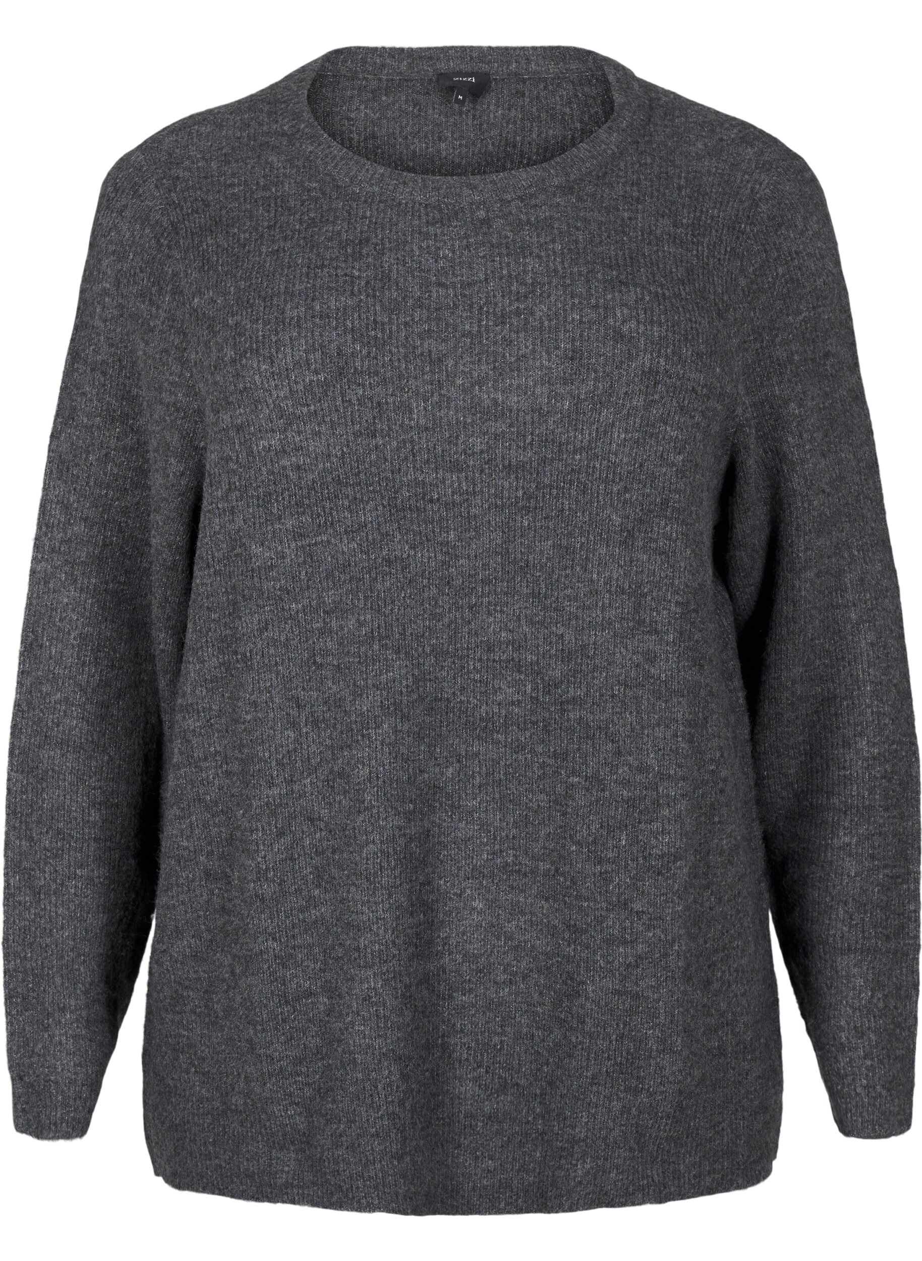 Zizzi Meleret strikbluse med rund hals, Dark Grey Black Mel., Packshot image number 0