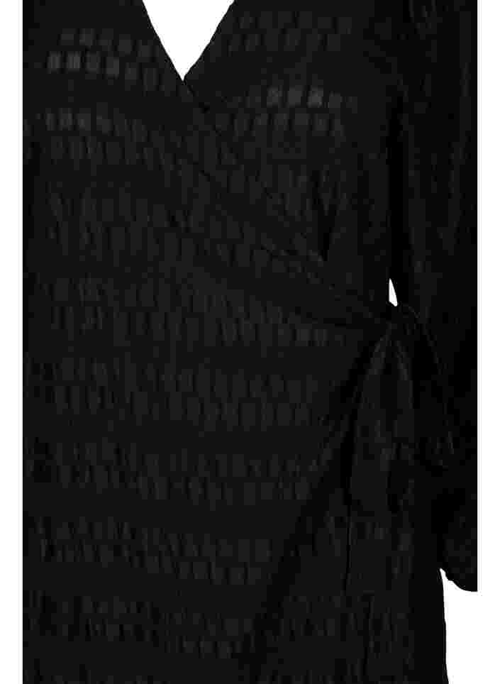 Wrapkjole med lange ærmer og strukturmønster, Black, Packshot image number 2