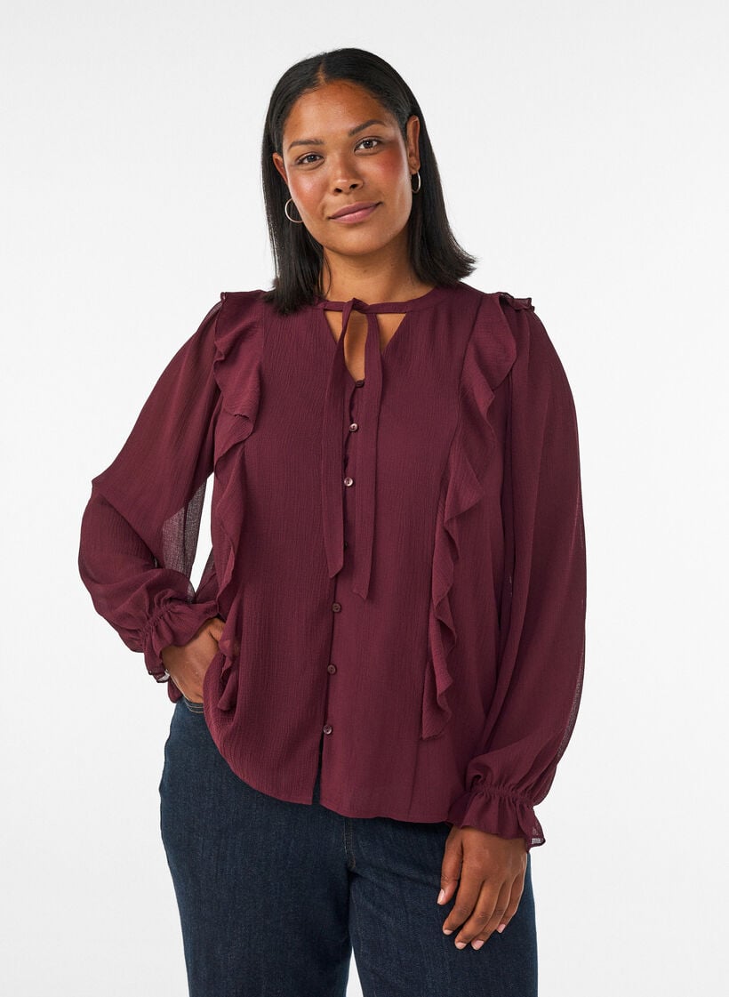 Transparent bluse med fl&aelig;ser og bindeb&aring;nd, R&oslash;d, Model image number 0