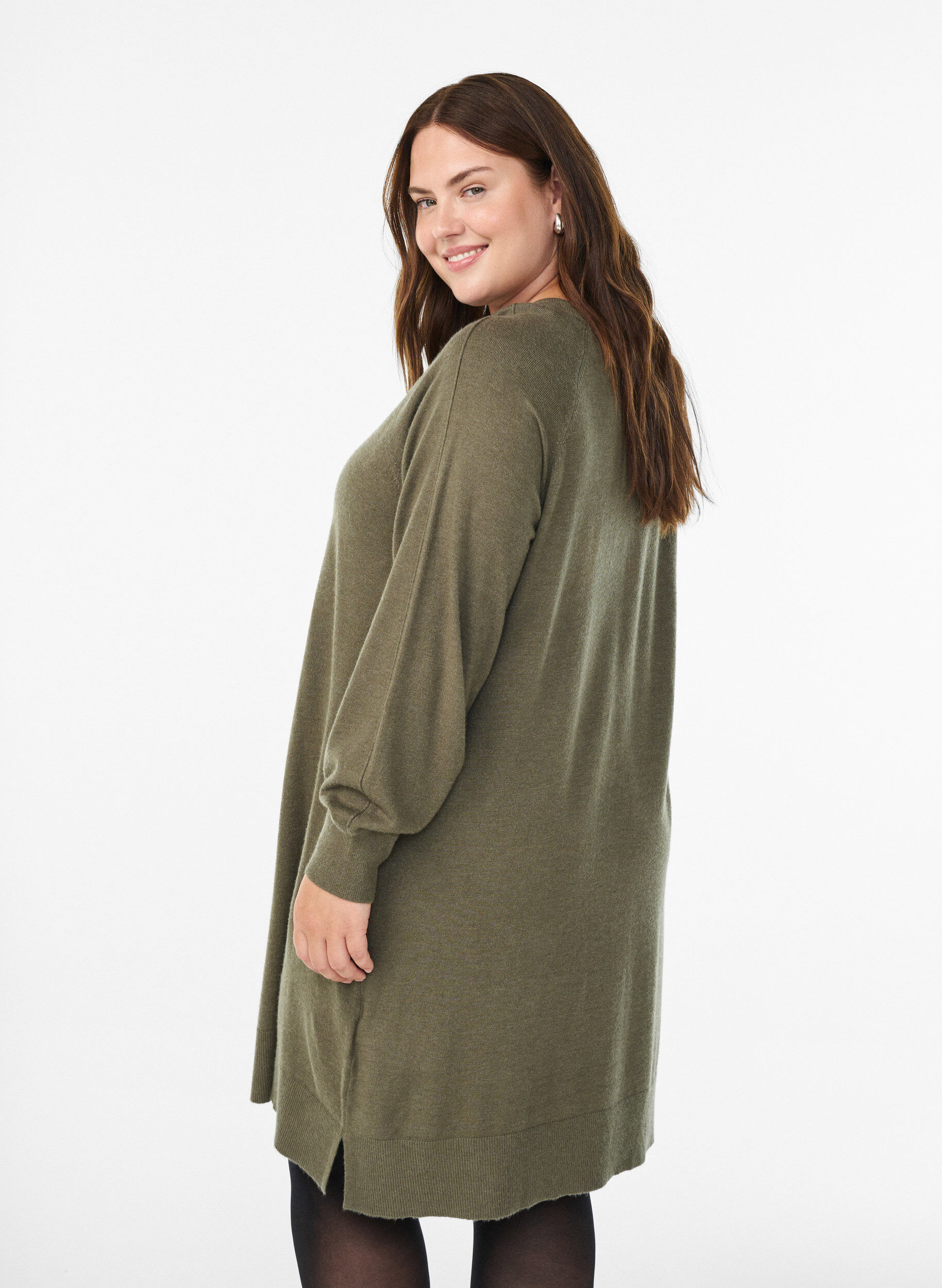 ZizziKort strikkjole med raglan&aelig;rmer og midters&oslash;m, Gr&oslash;n, Model image number 2