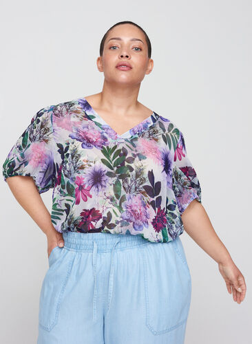 Blomstret bluse med 2/4 ærmer, Purple Flower mix, Model image number 0