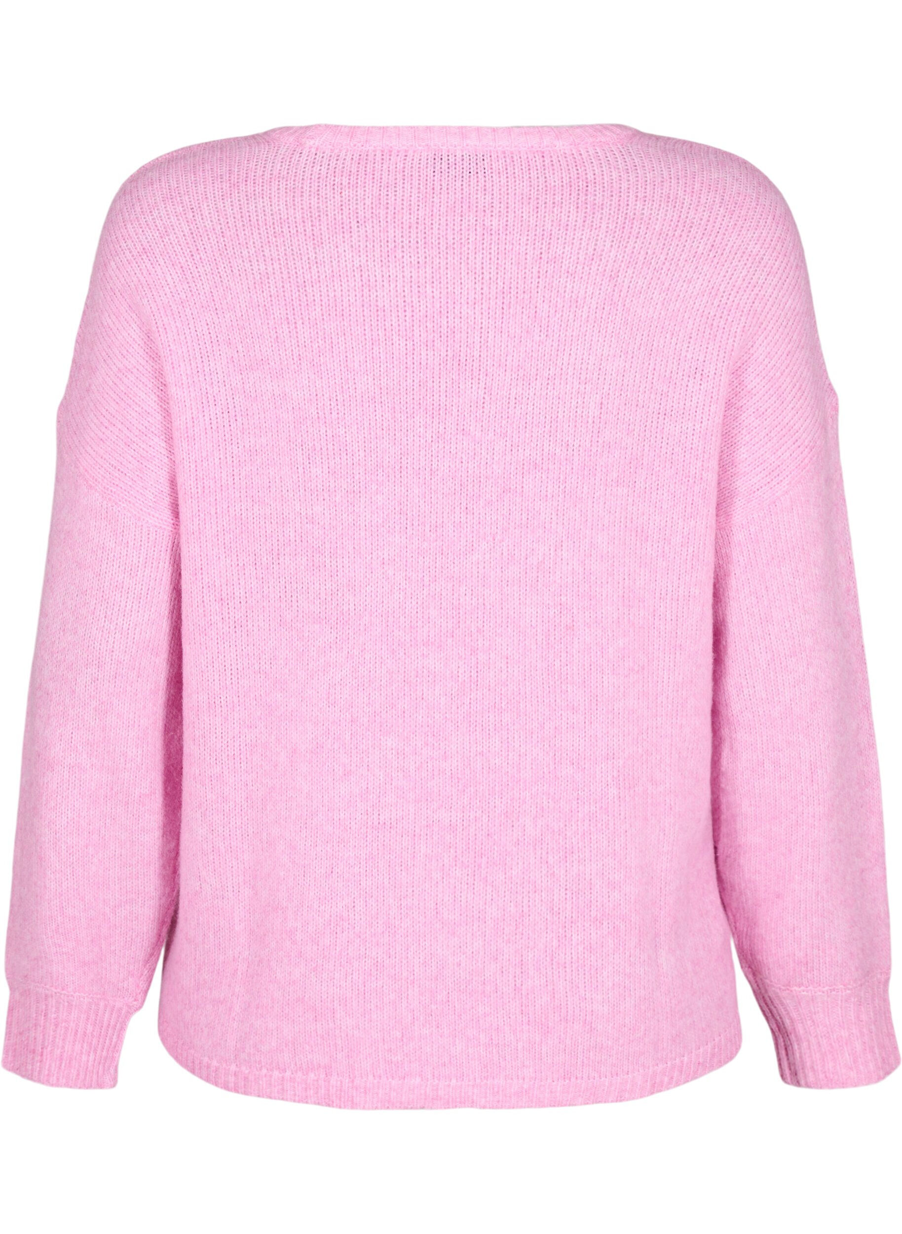 Zizzi Lang&aelig;rmet strikbluse med uld og rund hals, Begonia Pink Mel., Packshot image number 1