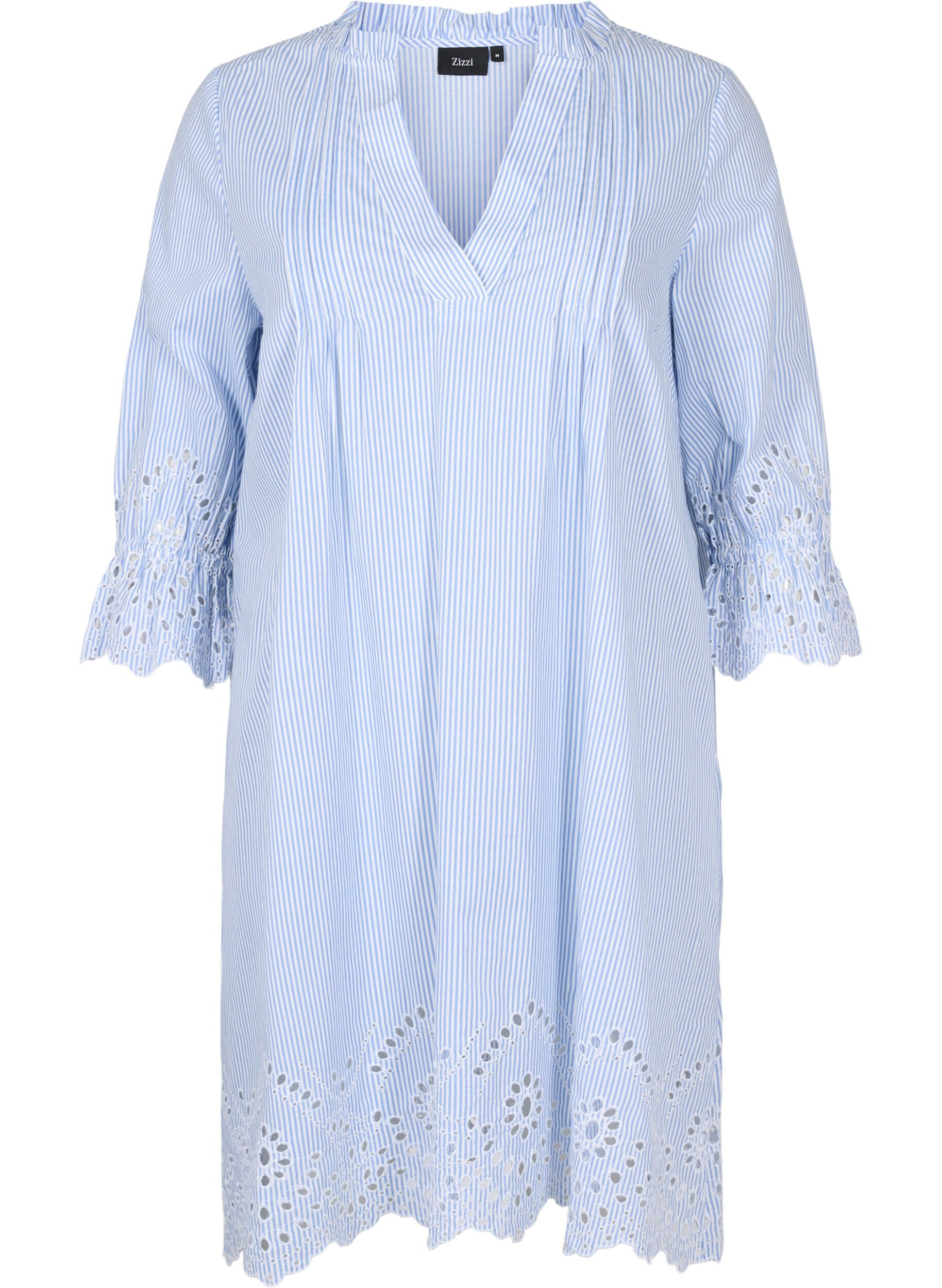Zizzi Bomuldskjole med striber og broderi anglaise, Blue Stripe, Packshot image number 0