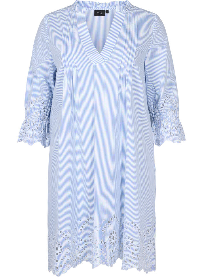 Bomuldskjole med striber og broderi anglaise, Blue Stripe, Packshot image number 0