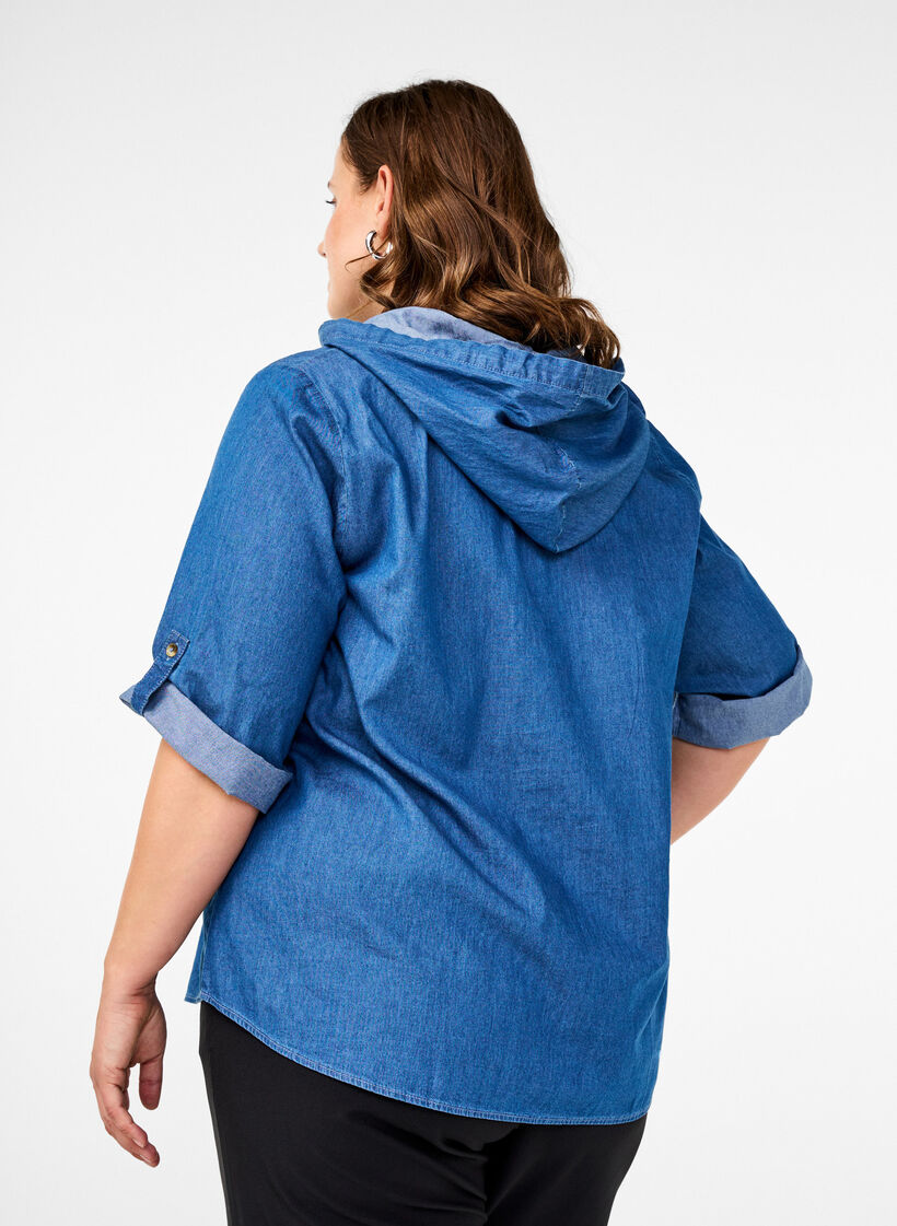 Denim bluse med hætte, Medium Blue Denim, Model image number 1