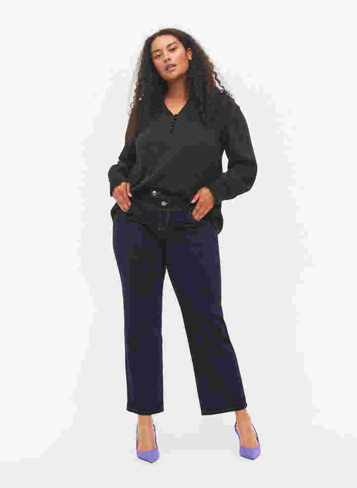 Langærmet bluse med v-udskæring, Black, Model image number 2