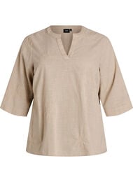 Bluse i bomuld med broderede detaljer og 3/4 &aelig;rmer, Beige