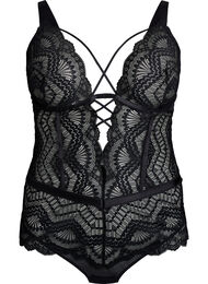 Blonde bodystocking med sn&oslash;re-detaljer, Sort
