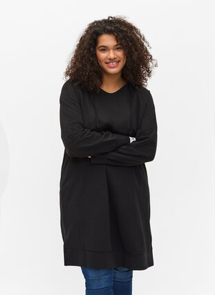Sweatkjole med hætte og printdetaljer, Black Solid, Model image number 0