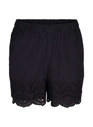 Bomulds shorts med lommer og broderi anglaise, Black, Packshot image number 0
