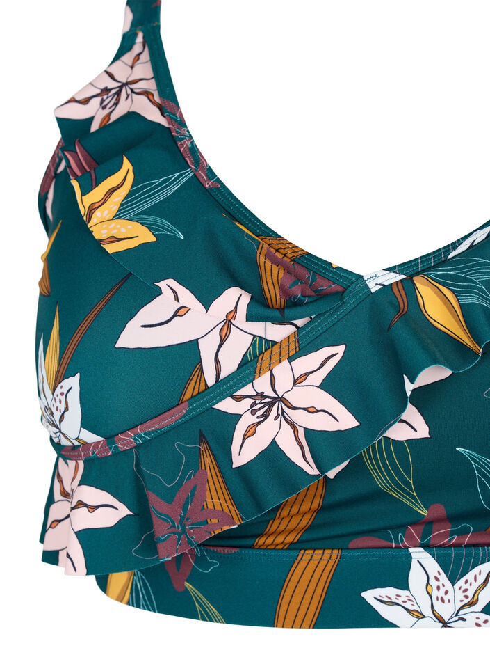 Blomstret bikini bh med fl&aelig;sedetaljer, Gr&oslash;n, Packshot image number 2