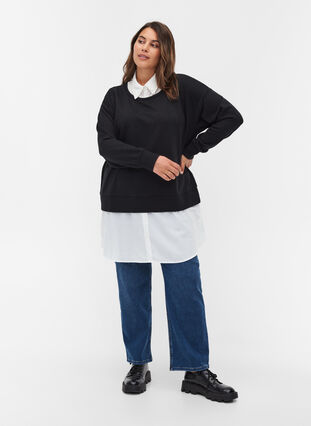Sweatshirt med påsyet skjorte, Black, Model image number 3