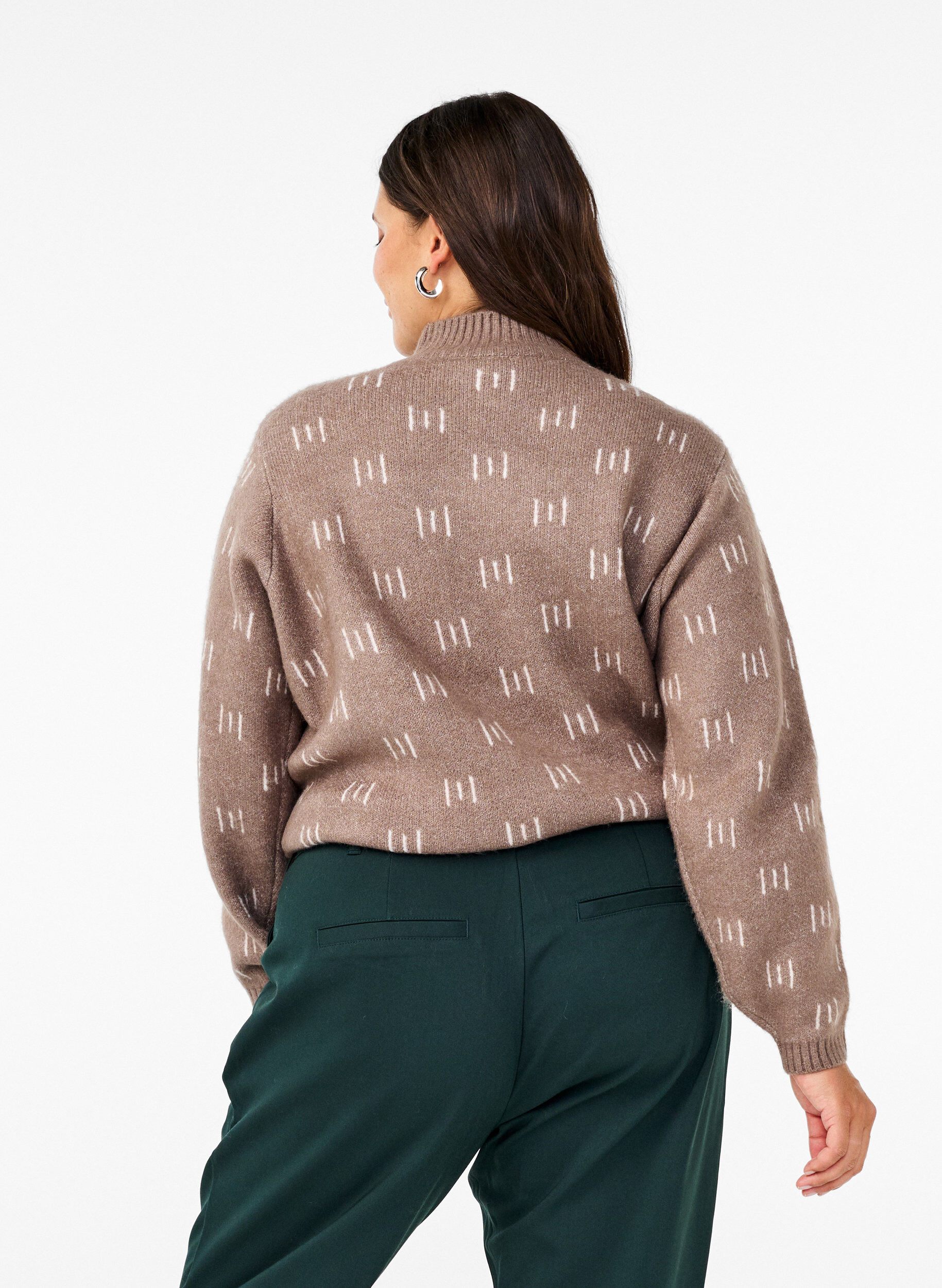 Zizzi Strikbluse med m&oslash;nster og h&oslash;j hals, Walnut Mel. Comb, Model image number 1