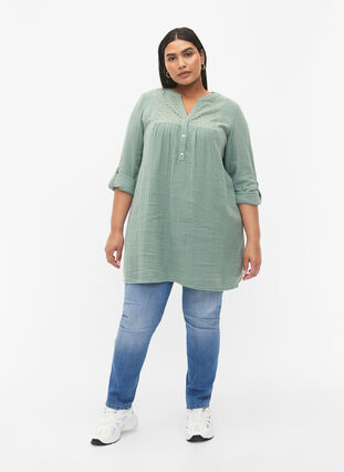 Tunika i bomuld med broderi anglaise, Chinois Green, Model image number 2