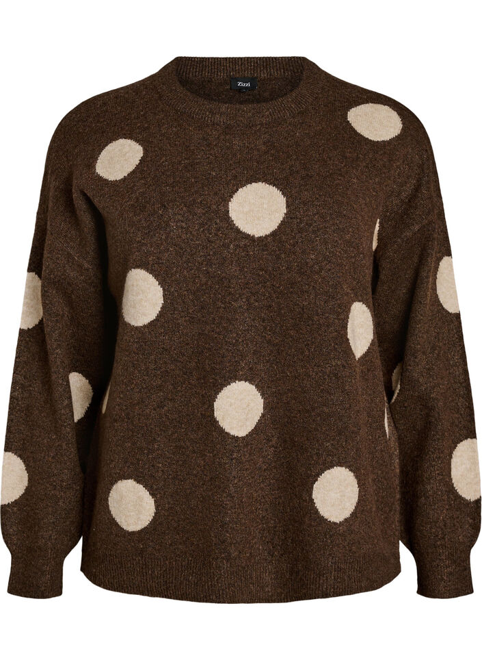 Strikbluse med prikket m&oslash;nster, Brun, Packshot image number 0