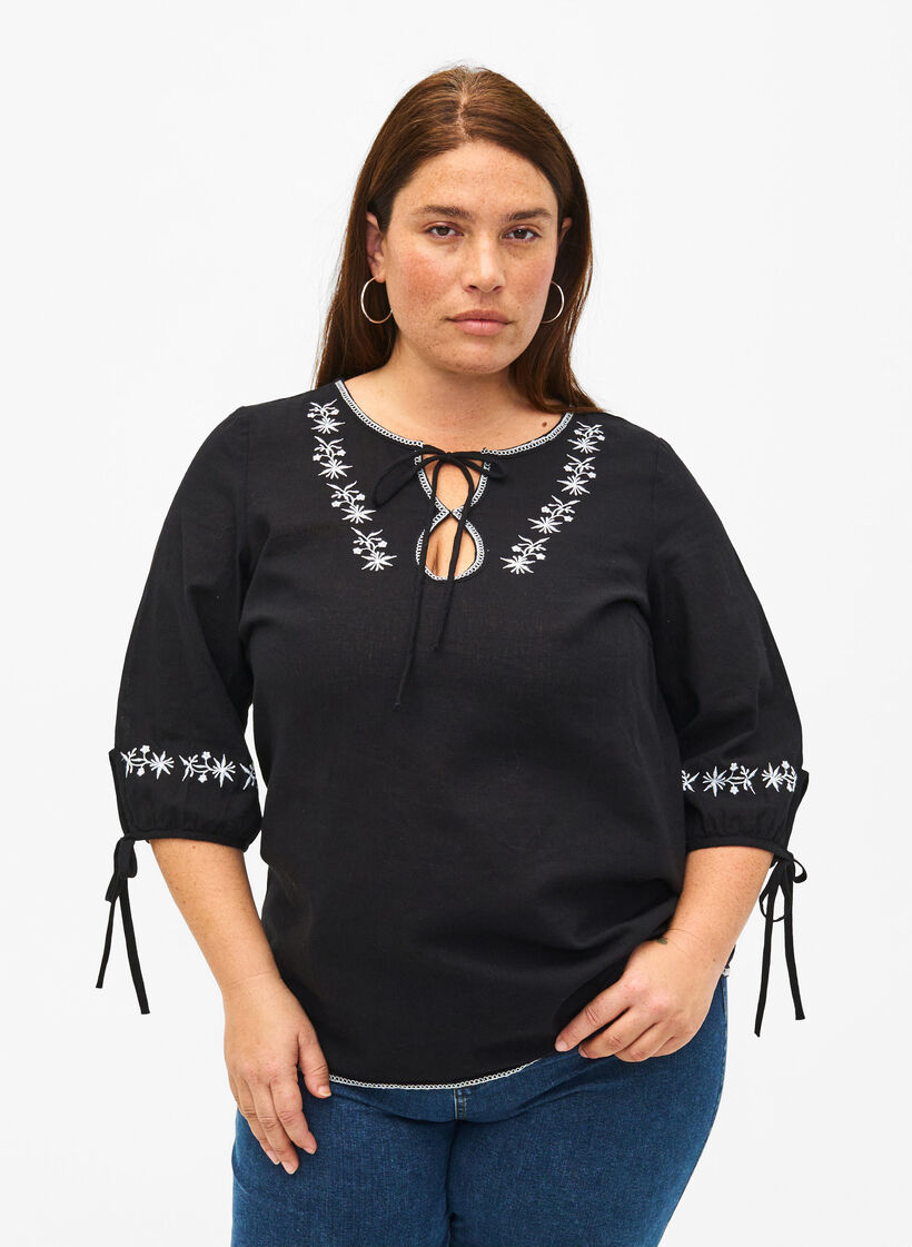 Broderet bluse i bomuldsmix med hør, Black W. EMB, Model image number 0