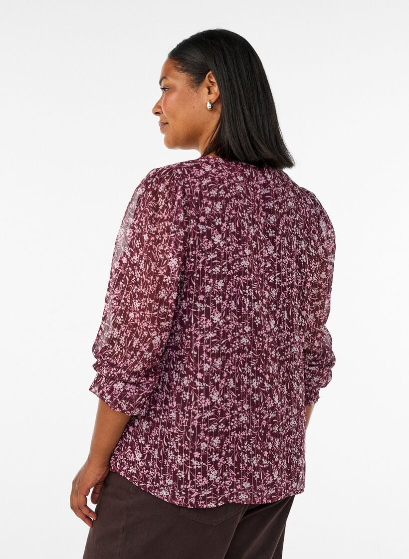 Bluse med blomsterprint og glittertr&aring;d, R&oslash;d, Model image number 2