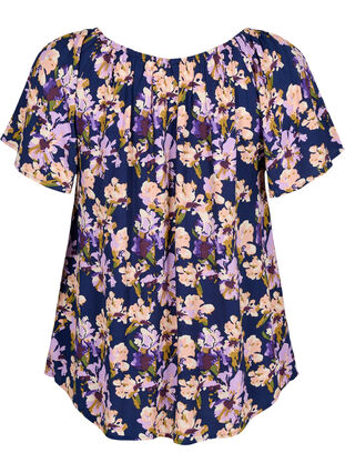 Blomstret viskose bluse med korte ærmer, Small Flower AOP, Packshot image number 1
