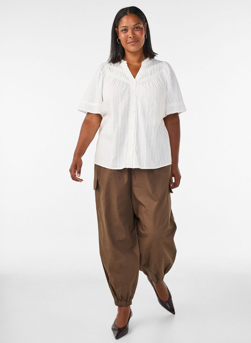 Bluse i bomuld med dekorative b&aring;nd, Vanilla, Model image number 1