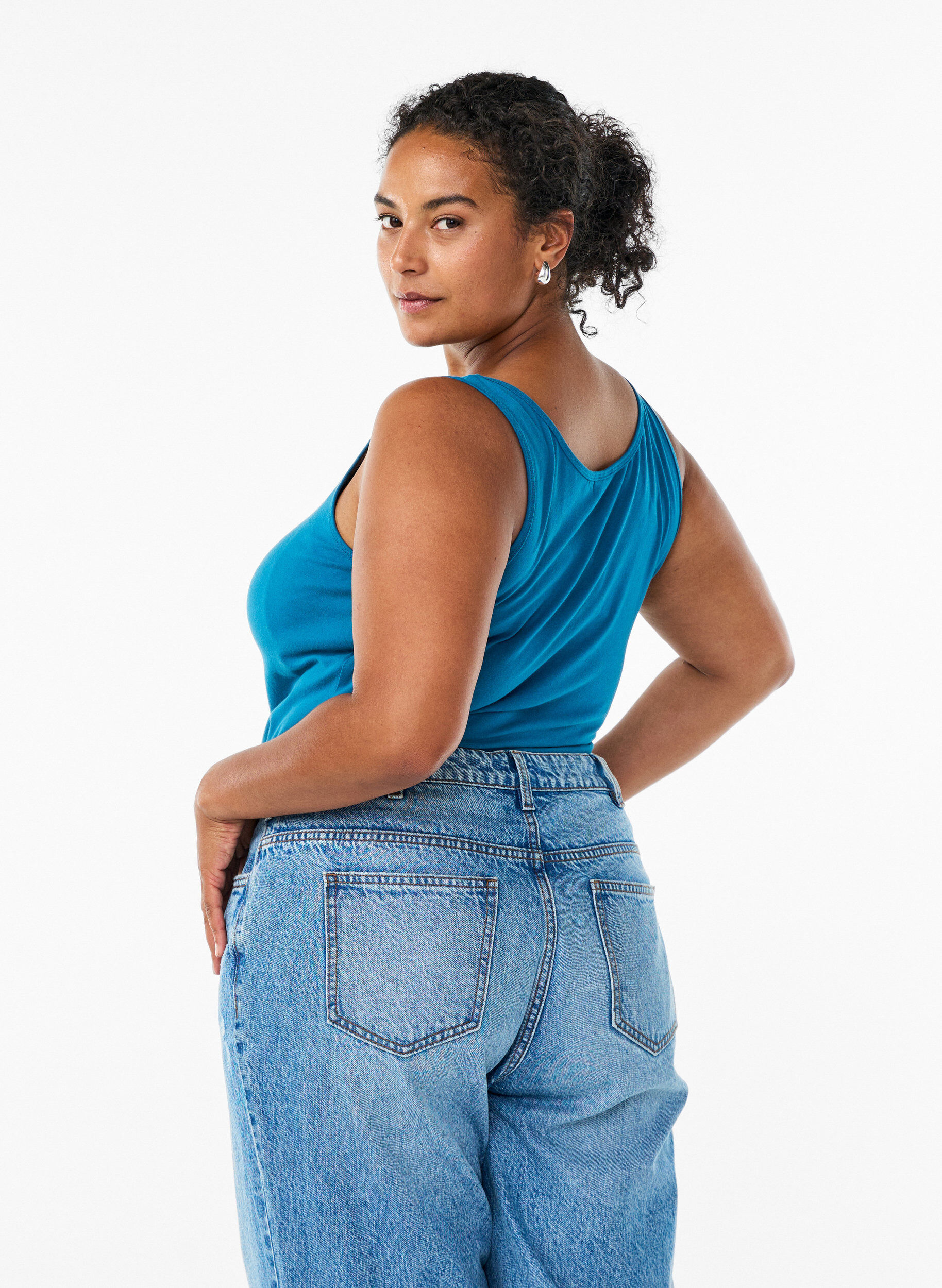 ZizziEnsfarvet basis top i bomuld, Bl&aring;, Model image number 2