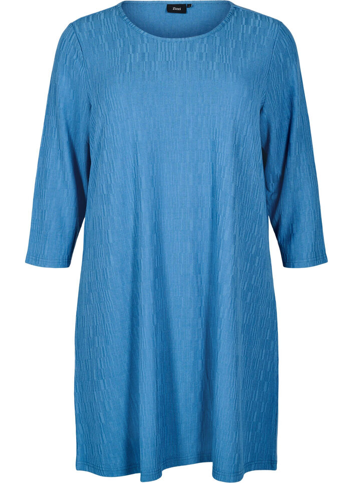 Kjole med struktur og 3/4 ærmer, Blå, Packshot image number 0