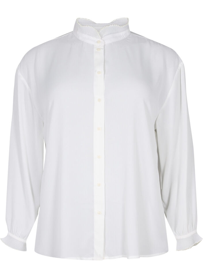 Skjortebluse med flæsedetaljer, Bright White, Packshot image number 0