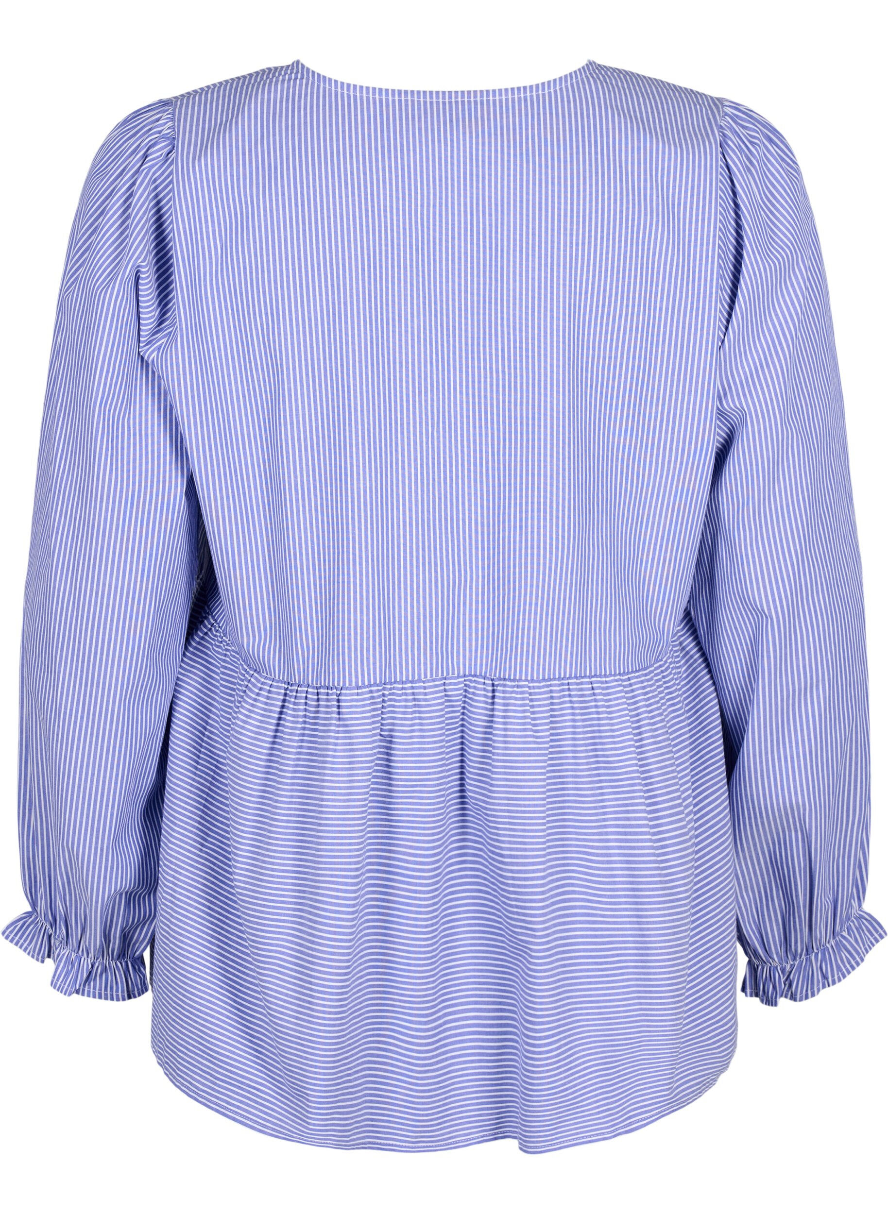 Zizzi Stribet bluse i bomuld med bindedetalje , Baja Blue Stripe, Packshot image number 1