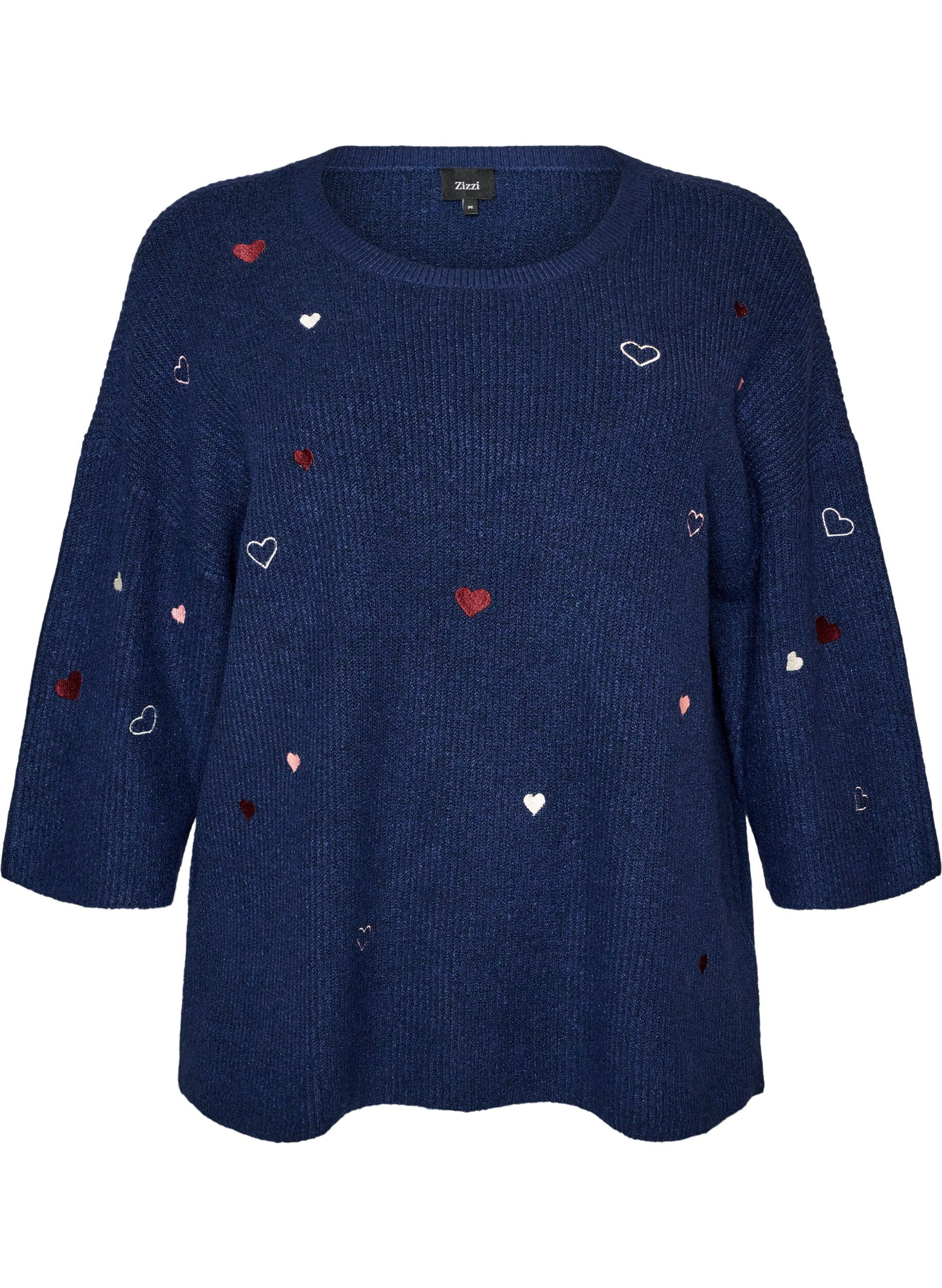 ZizziStrikbluse med hjerter og 3/4 &aelig;rmer, Bl&aring;, Packshot image number 0