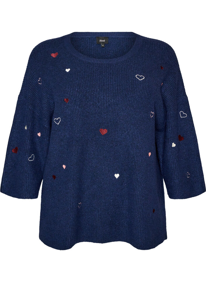 Strikbluse med hjerter og 3/4 &aelig;rmer, Bl&aring;, Packshot image number 0