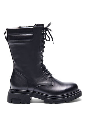 Wide fit læderstøvle med lynlås og snøre, Black, Packshot image number 0