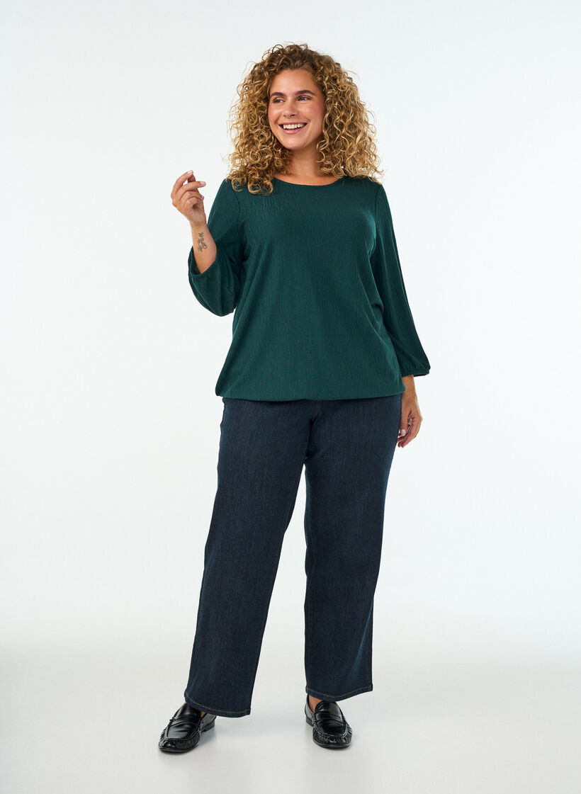 Bluse med struktur og 3/4 &aelig;rmer, Gr&oslash;n, Model image number 1