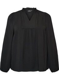 Bluse med V-udsk&aelig;ring og crochetb&aring;nd, Sort