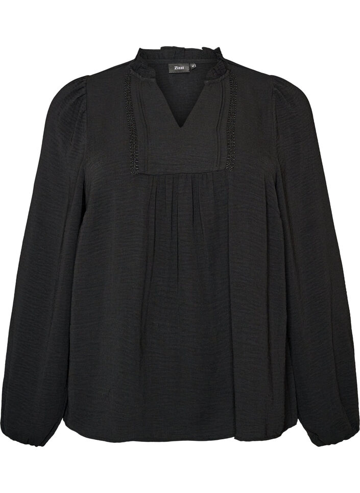 Bluse med V-udsk&aelig;ring og crochetb&aring;nd, Sort, Packshot image number 0